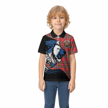 Stewart (Stuart) Tartan Crest Kid Polo Shirt Scottish Golden Lions Wave Flow