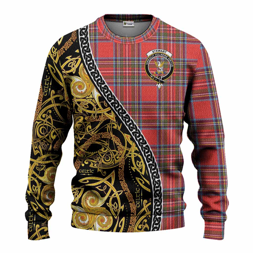 Stewart (Stuart) Tartan Crest Knitted Sweater Celtic Knot and Triple Trickle Spiral Symbols