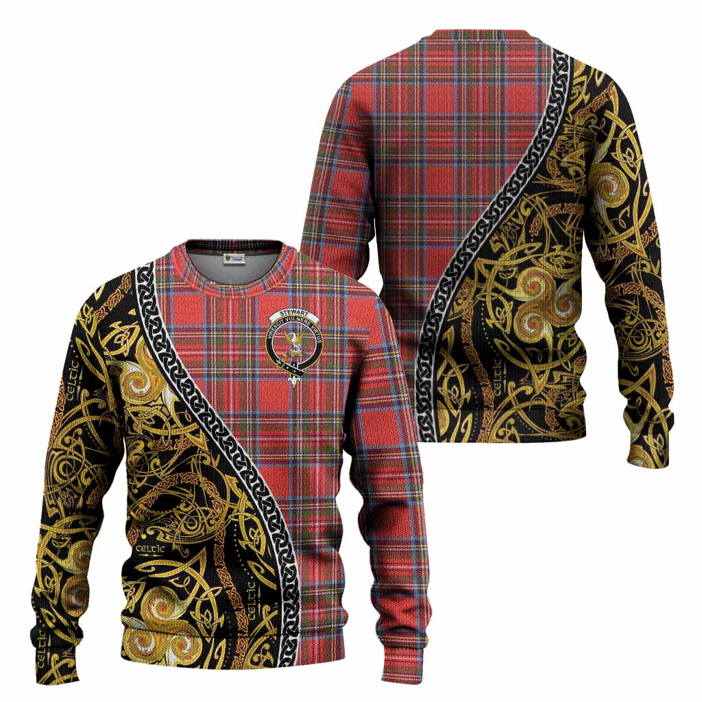 Stewart (Stuart) Tartan Crest Knitted Sweater Celtic Knot and Triple Trickle Spiral Symbols