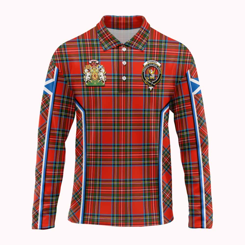 Stewart (Stuart) Tartan Crest Long Sleeve Polo Shirt Scotland Coat of Arm Flag Style - Tartan Vibes Clothing