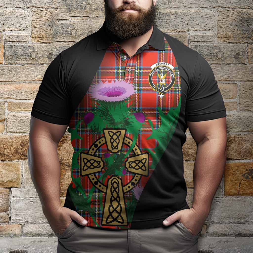 Stewart (Stuart) Tartan Crest Polo Shirt Celtic Cross Thistle Flowers