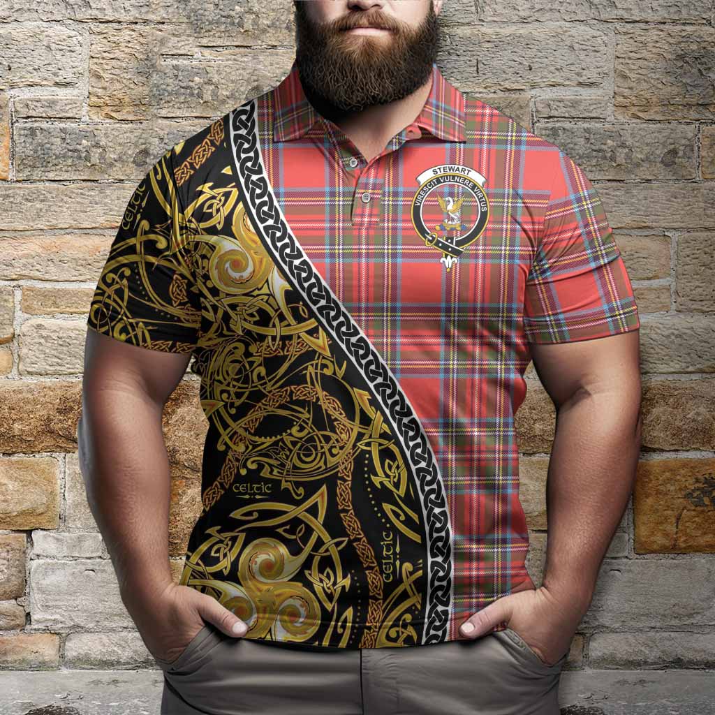 Stewart (Stuart) Tartan Crest Polo Shirt Celtic Knot and Triple Trickle Spiral Symbols