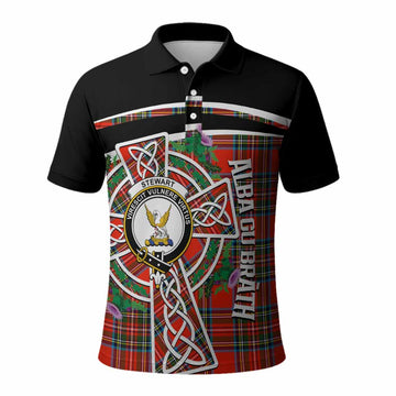 Stewart (Stuart) Tartan Crest Polo Shirt Scottish Thistle Celtic Cross Alba Gu Brath