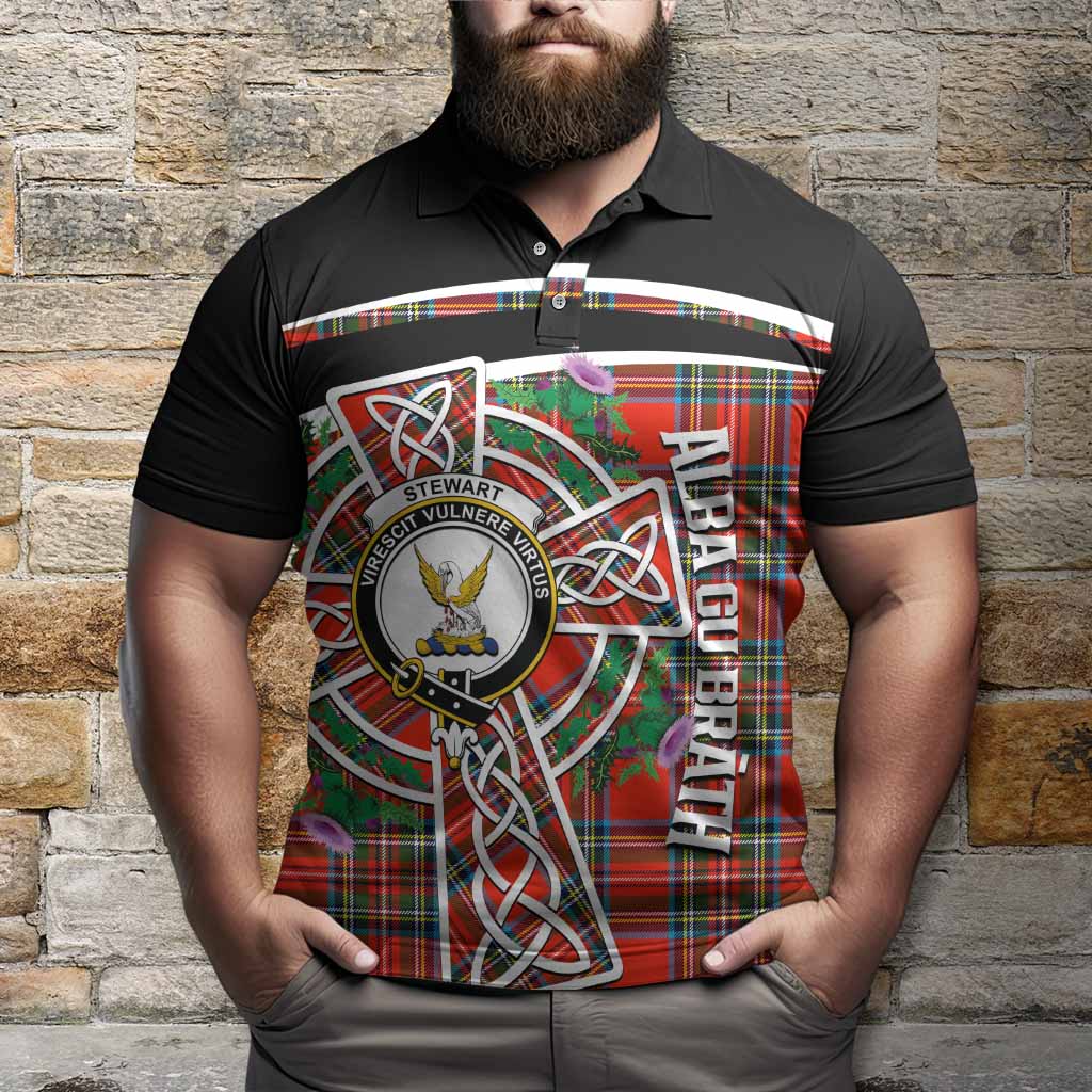 Stewart (Stuart) Tartan Crest Polo Shirt Scottish Thistle Celtic Cross Alba Gu Brath