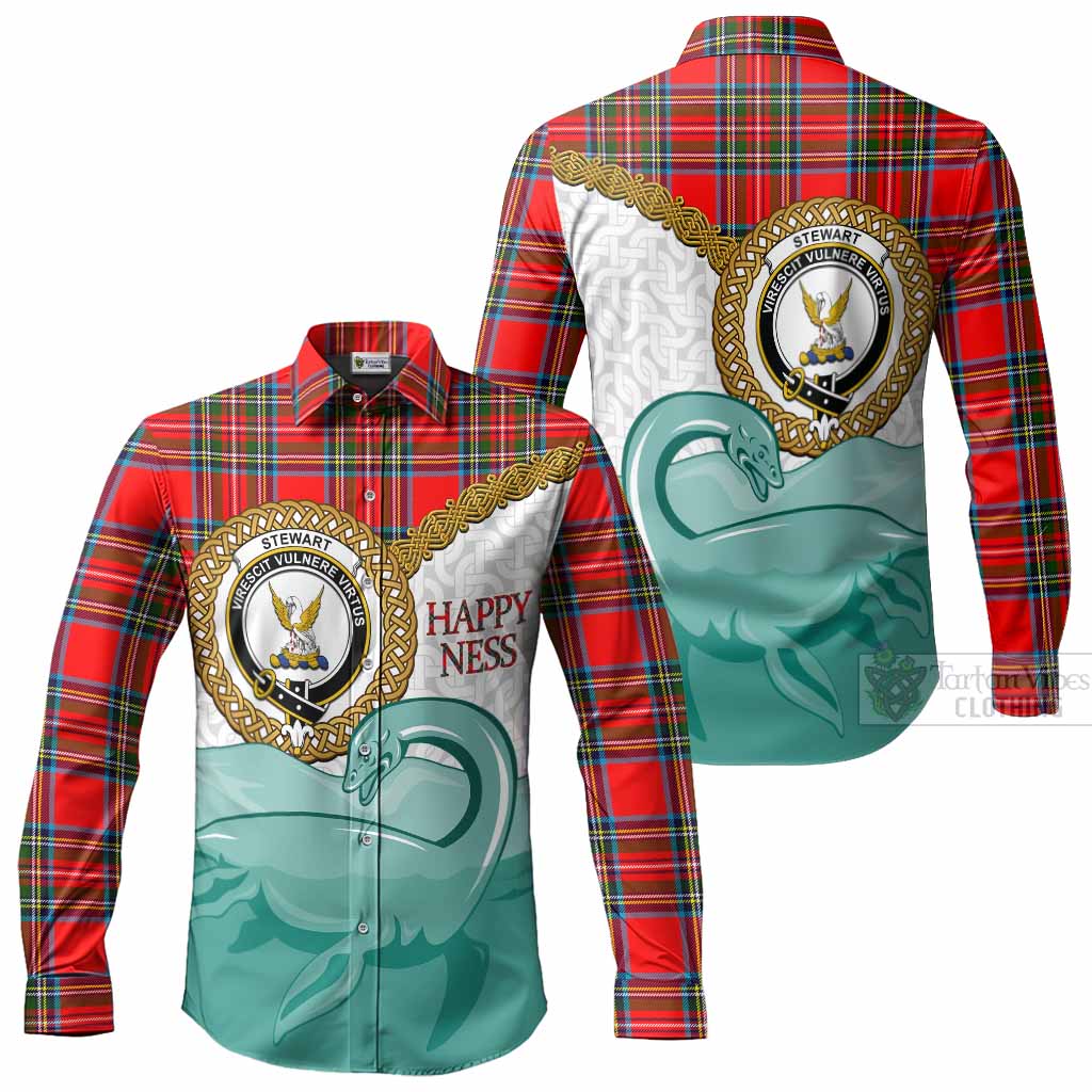 Stewart (Stuart) Tartan Crest Scottish Loch Ness Monster Long Sleeve Button Shirts Happy Ness Scotland Celtic Knot