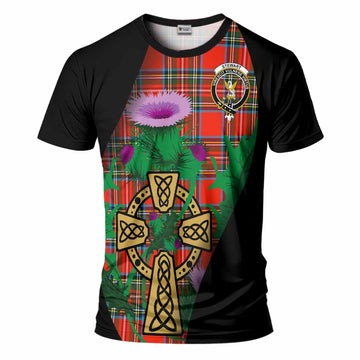Stewart (Stuart) Tartan Crest T-Shirt Celtic Cross Thistle Flowers