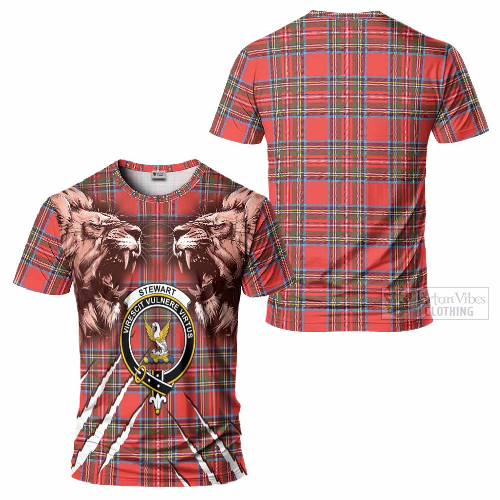 Stewart (Stuart) Tartan Crest T-Shirt Ferocious Lion Style