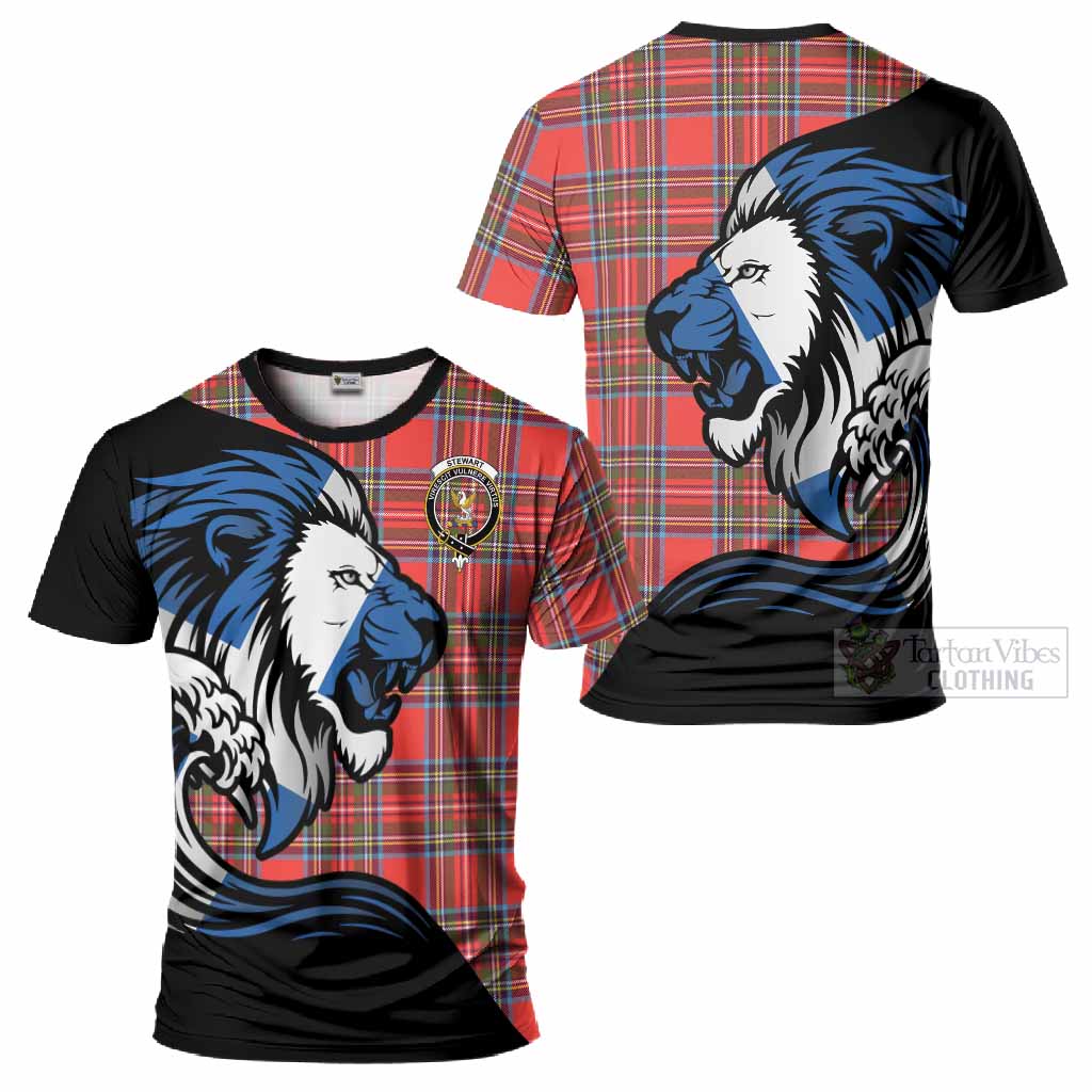 Stewart (Stuart) Tartan Crest T-Shirt Scottish Golden Lions Wave Flow