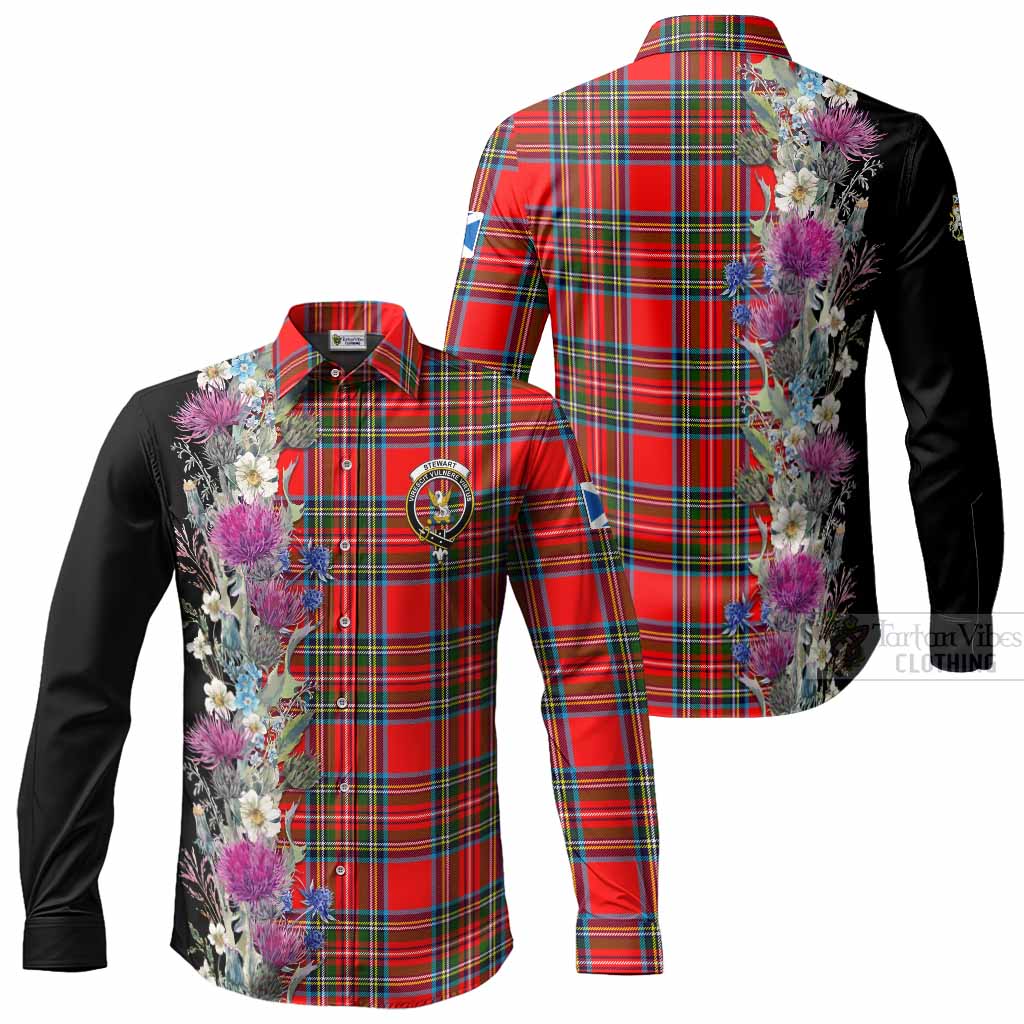 Stewart (Stuart) Tartan Crest Thistle Floral Long Sleeve Button Shirts