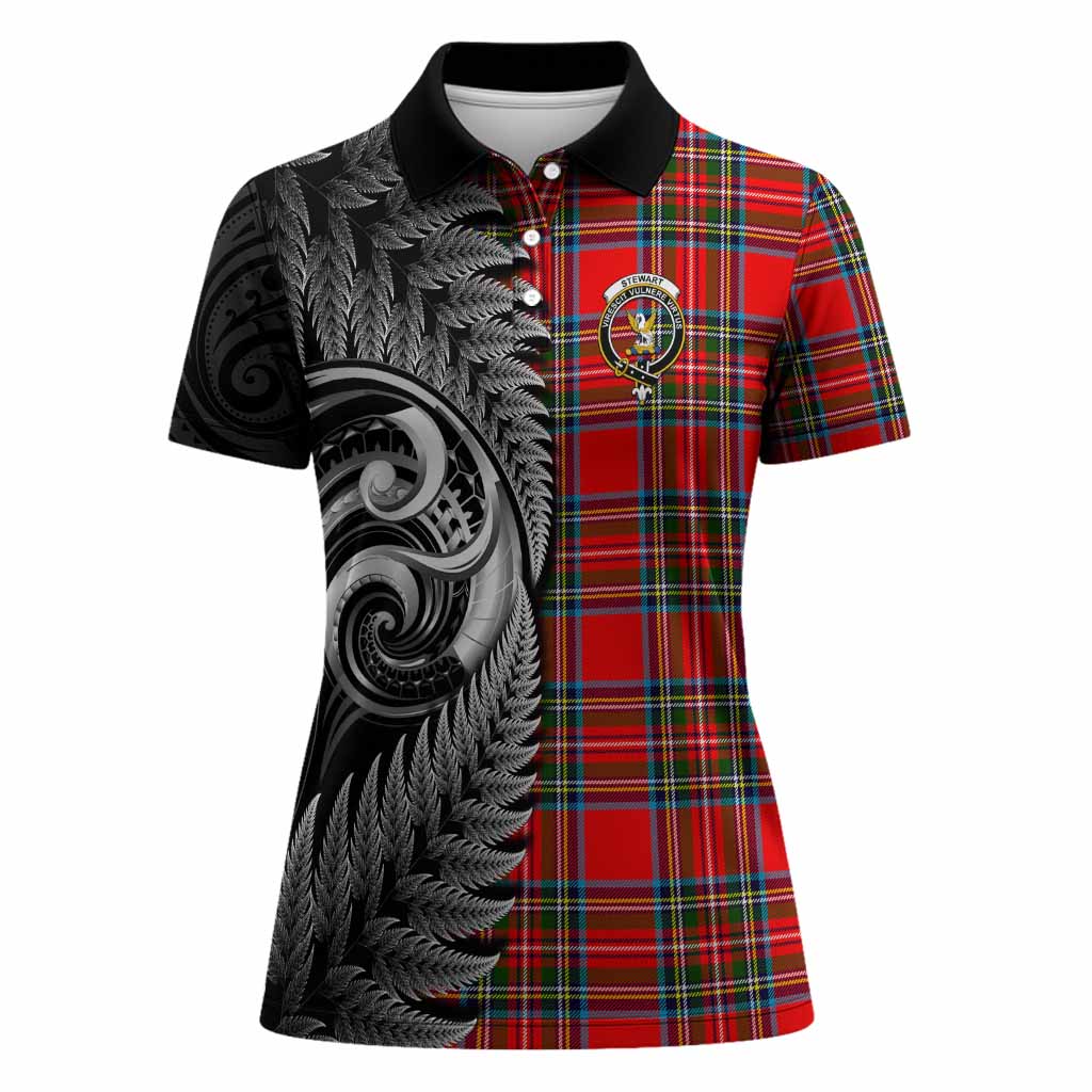 Stewart (Stuart) Tartan Crest Women Polo Shirt With New Zealand Silver Fern Maori Koru Women - Tartan Vibes Clothing