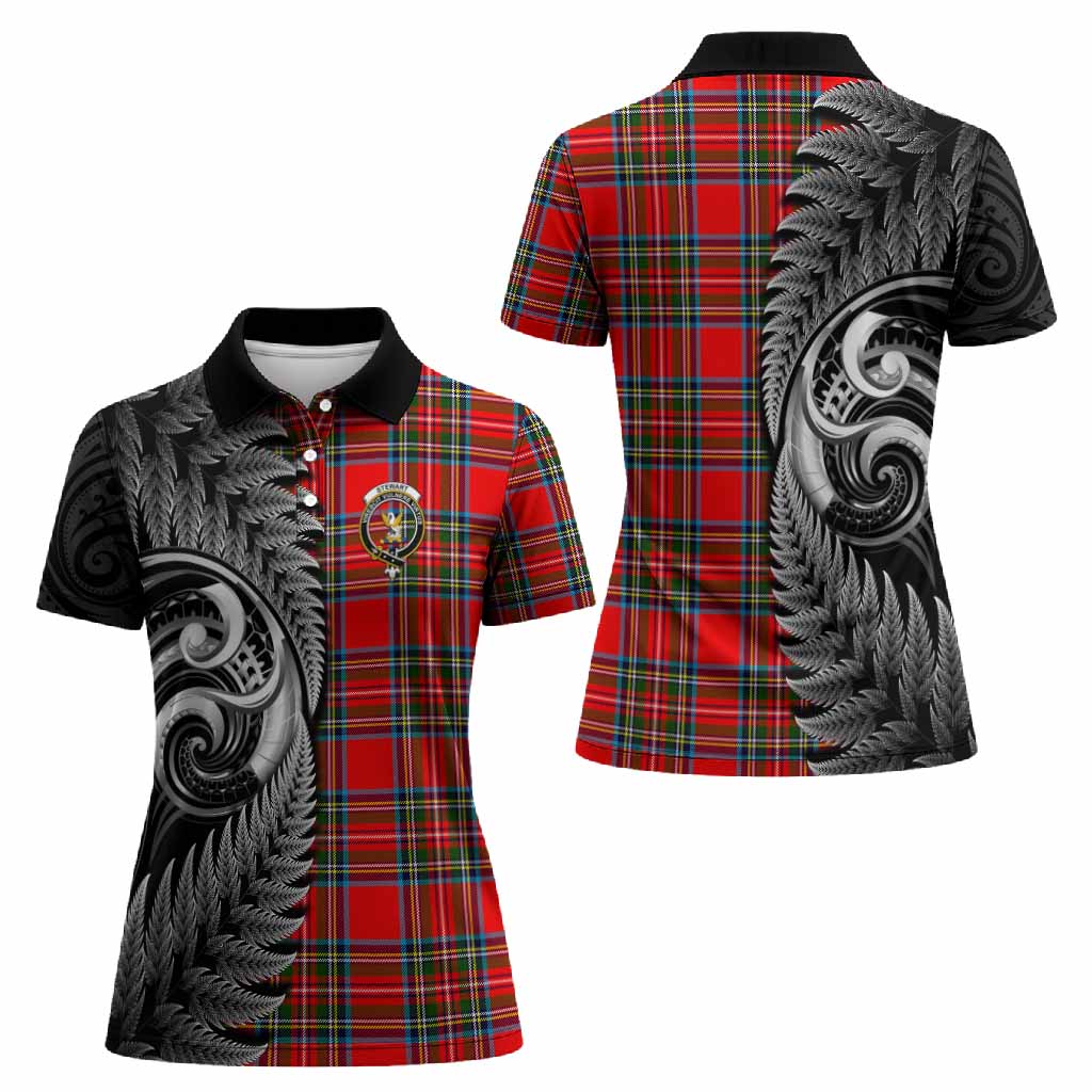 Stewart (Stuart) Tartan Crest Women Polo Shirt With New Zealand Silver Fern Maori Koru - Tartan Vibes Clothing