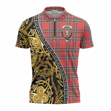 Stewart (Stuart) Tartan Crest Zipper Polo Shirt Celtic Knot and Triple Trickle Spiral Symbols
