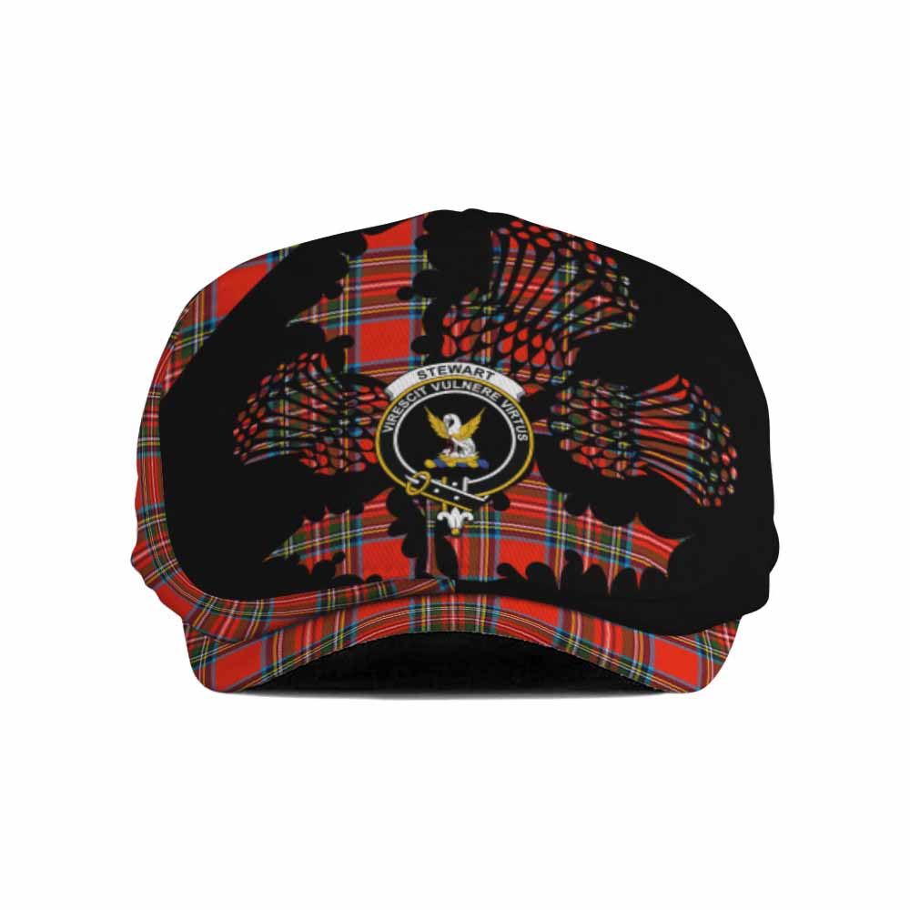Stewart (Stuart) Tartan Family Crest Flat Cap, Jeff Cap Scotland Thistle Floral