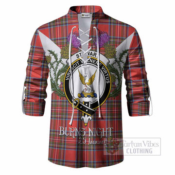 Stewart (Stuart) Tartan Family Crest Ghillie Shirt Scottish Burns Night Thistle Floral