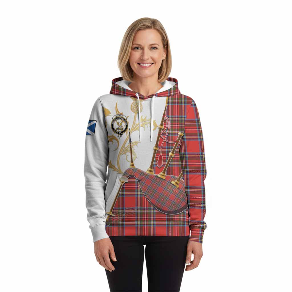 Stewart (Stuart) Tartan Family Crest Hoodie Bagpipes with Scottish Thistle