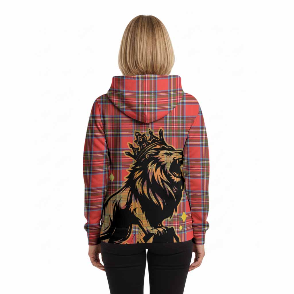 Stewart (Stuart) Tartan Family Crest Hoodie Crowned Lion Roaring