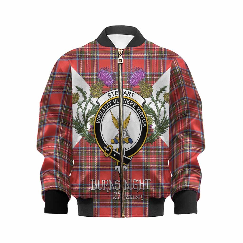 Stewart (Stuart) Tartan Family Crest Kid Bomber Jacket Scottish Burns Night Thistle Floral