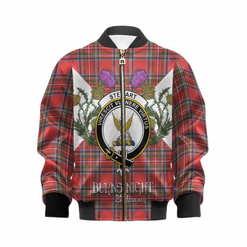 Stewart (Stuart) Tartan Family Crest Kid Bomber Jacket Scottish Burns Night Thistle Floral