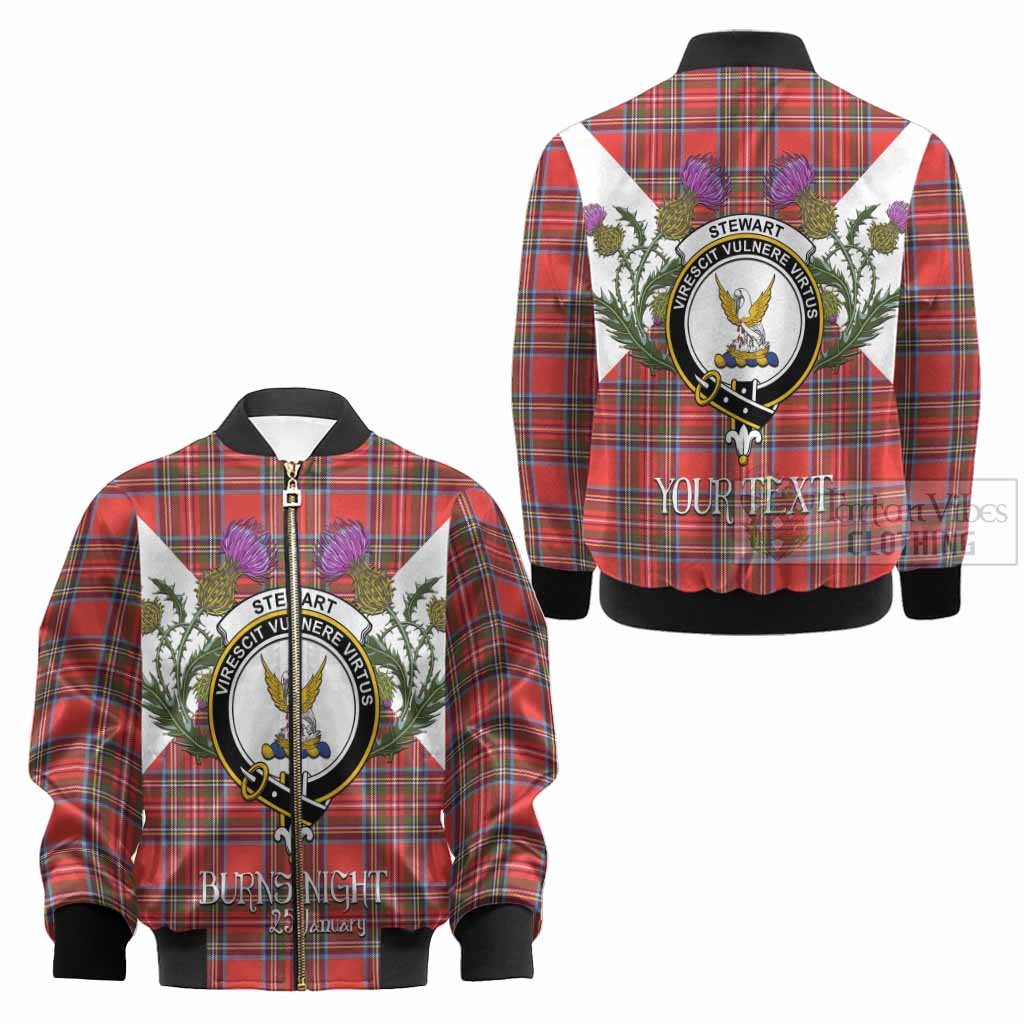 Stewart (Stuart) Tartan Family Crest Kid Bomber Jacket Scottish Burns Night Thistle Floral