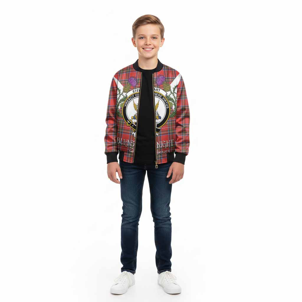 Stewart (Stuart) Tartan Family Crest Kid Bomber Jacket Scottish Burns Night Thistle Floral