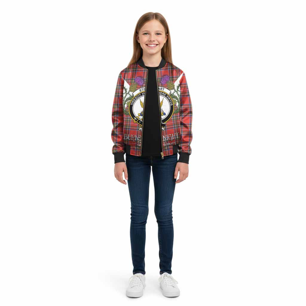 Stewart (Stuart) Tartan Family Crest Kid Bomber Jacket Scottish Burns Night Thistle Floral