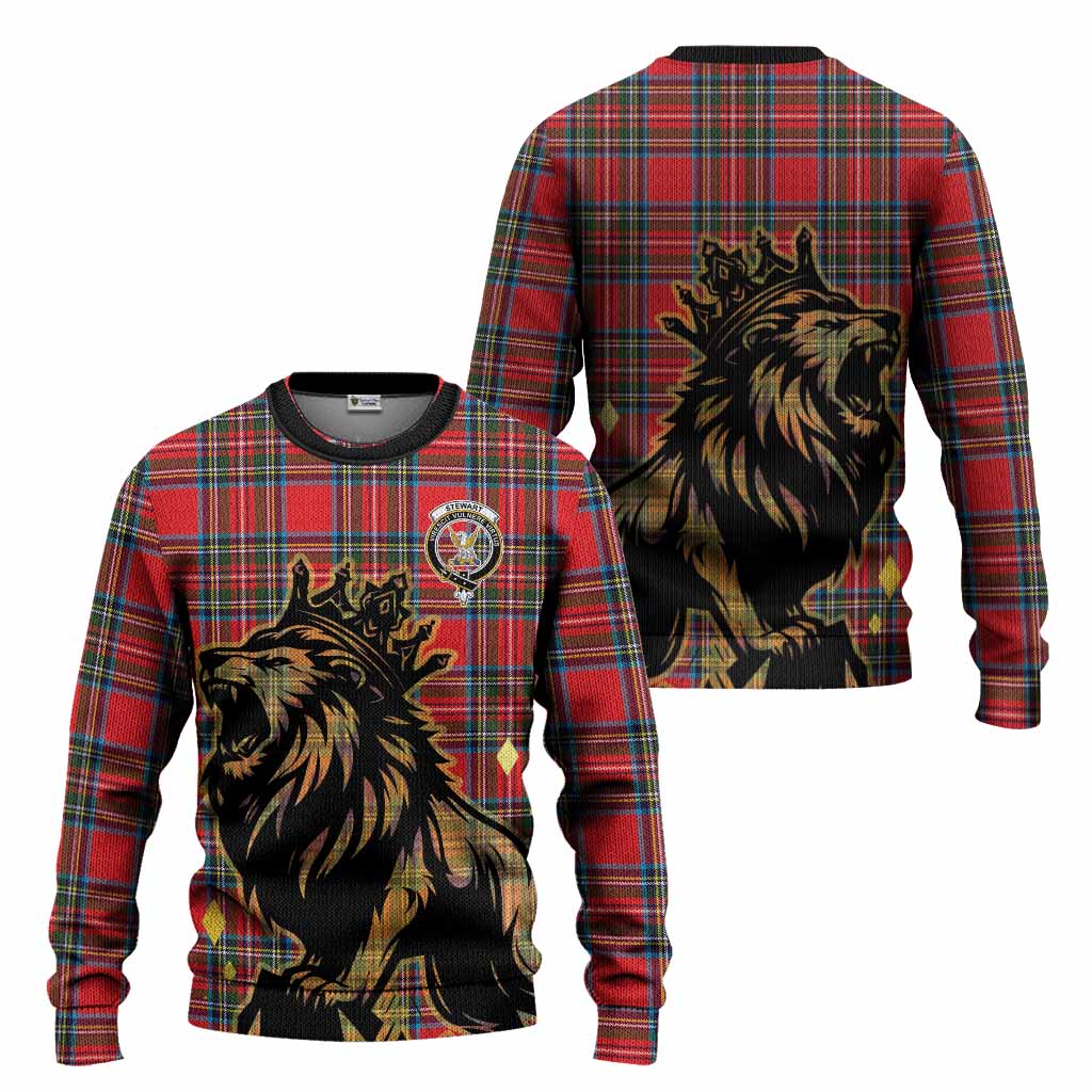Stewart (Stuart) Tartan Family Crest Knitted Sweater Crowned Lion Roaring