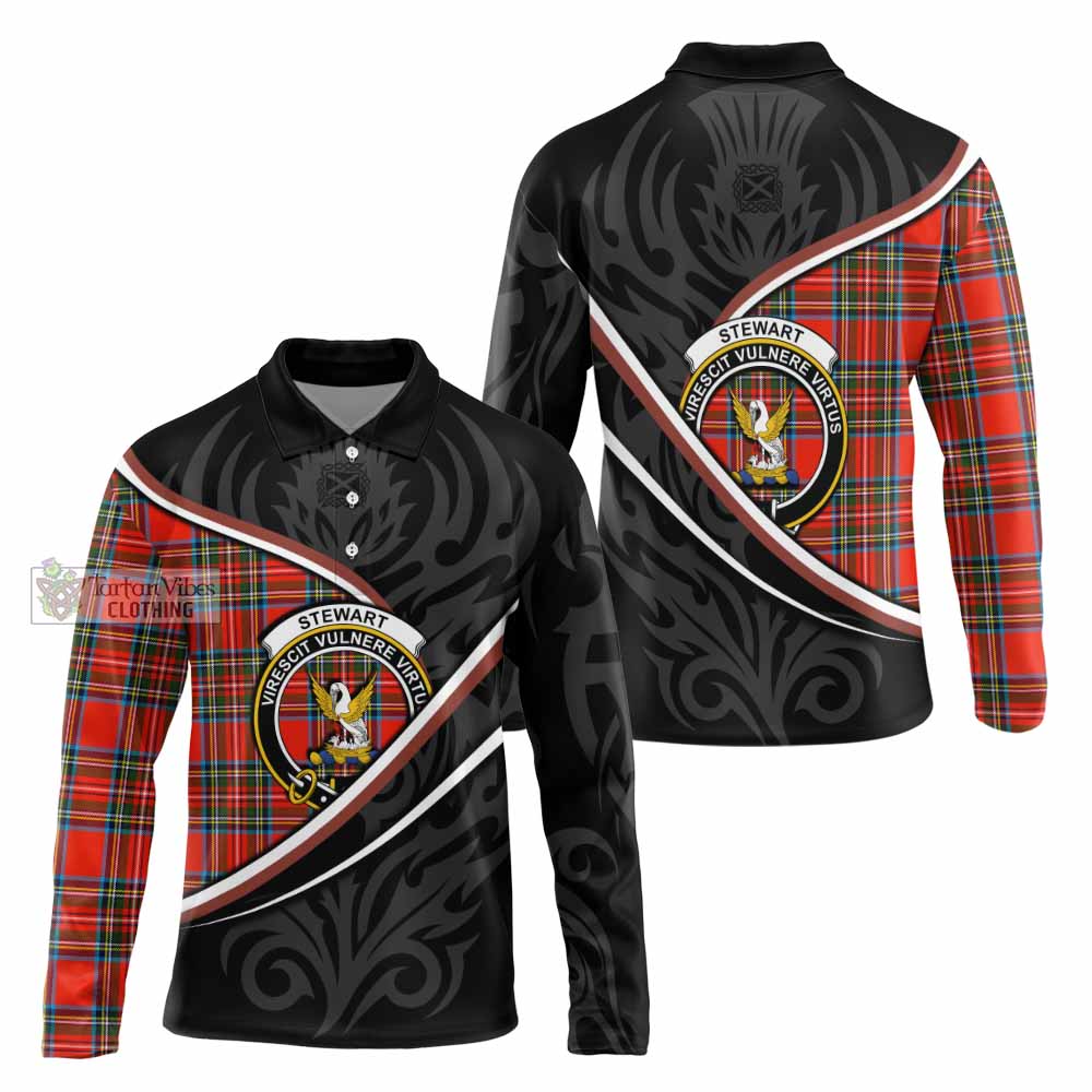Stewart (Stuart) Tartan Family Crest Long Sleeve Polo Shirt Celtic Scottish Thistle Floral - Tartan Vibes Clothing