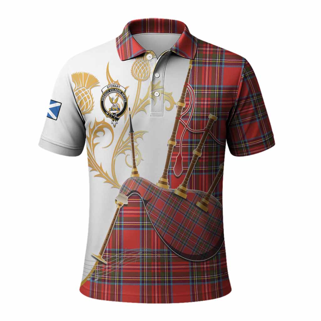 Stewart (Stuart) Tartan Family Crest Polo Shirt Bagpipes with Scottish Thistle