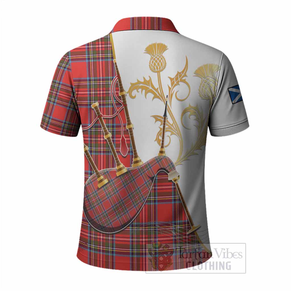 Stewart (Stuart) Tartan Family Crest Polo Shirt Bagpipes with Scottish Thistle