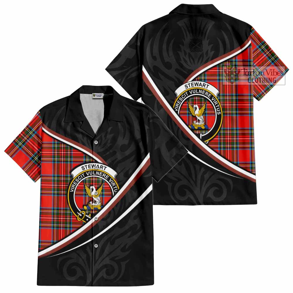 Stewart (Stuart) Tartan Family Crest Short Sleeve Button Shirt Celtic Scottish Thistle Floral - Tartan Vibes Clothing