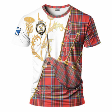Stewart (Stuart) Tartan Family Crest T-Shirt Bagpipes with Scottish Thistle