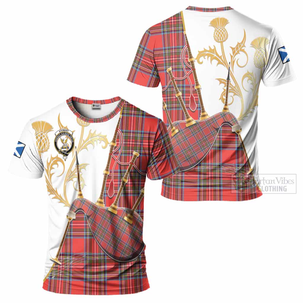 Stewart (Stuart) Tartan Family Crest T-Shirt Bagpipes with Scottish Thistle