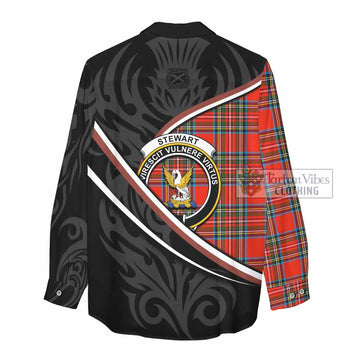 Stewart (Stuart) Tartan Family Crest Women Casual Shirt Celtic Scottish Thistle Floral - Tartan Vibes Clothing