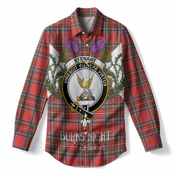 Stewart (Stuart) Tartan Family Crest Women Casual Shirt Scottish Burns Night Thistle Floral