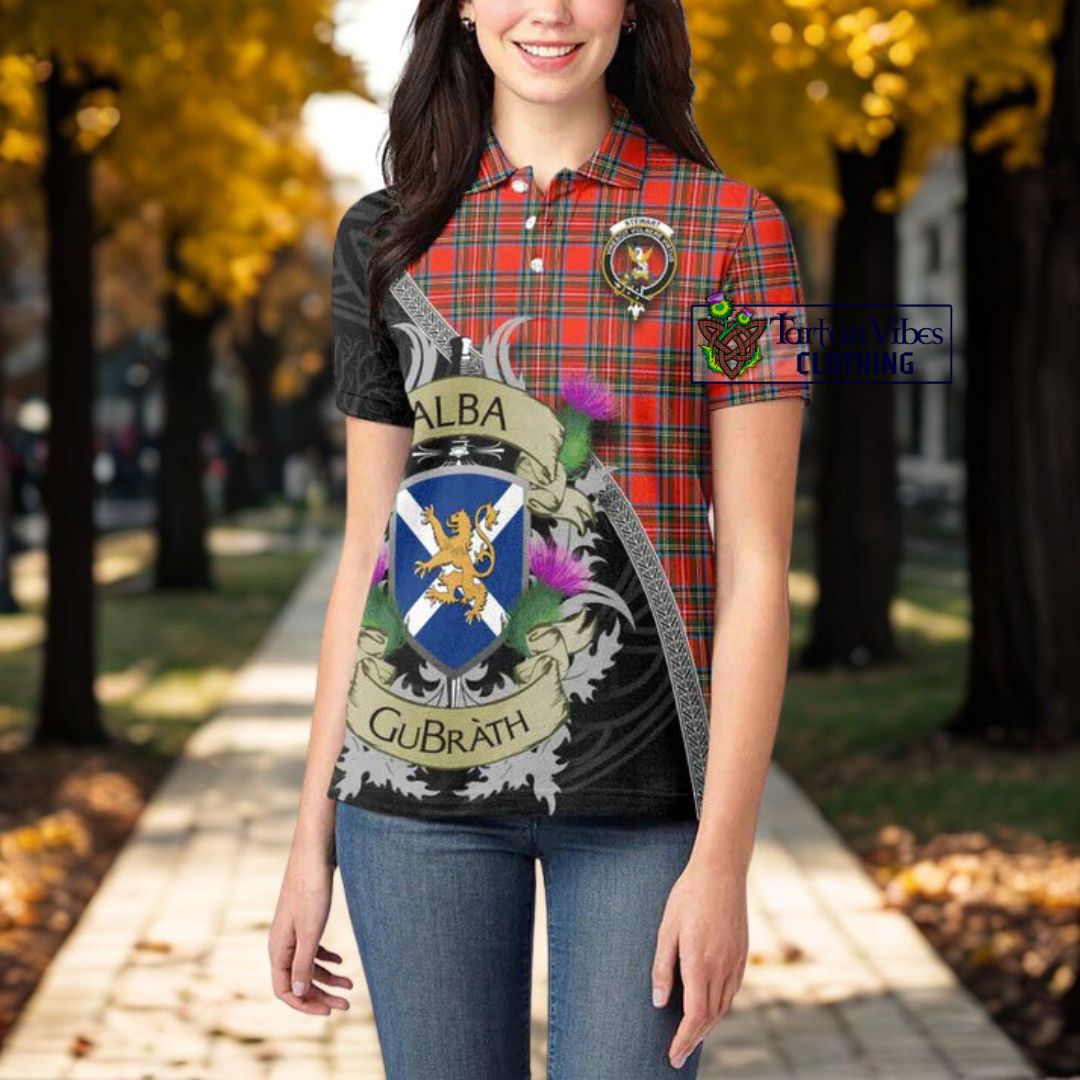 Stewart (Stuart) Tartan Family Crest Women's Polo Shirt Lion Rampant Royal Thistle Shield Celtic Inspired