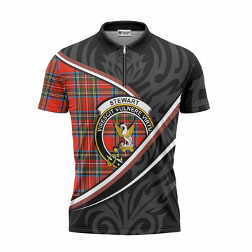Stewart (Stuart) Tartan Family Crest Zipper Polo Shirt Celtic Scottish Thistle Floral