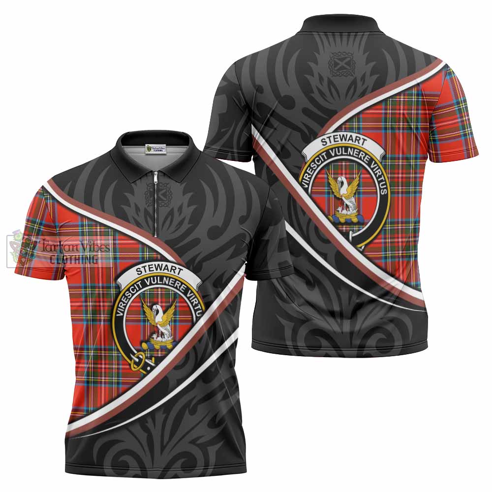Stewart (Stuart) Tartan Family Crest Zipper Polo Shirt Celtic Scottish Thistle Floral - Tartan Vibes Clothing