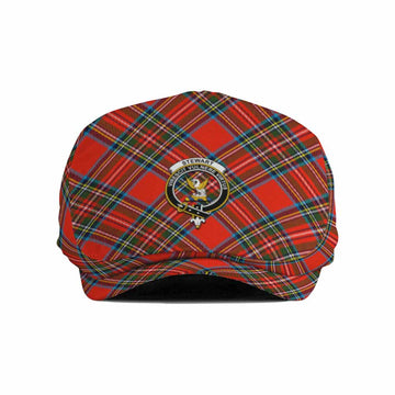 Stewart (Stuart) Tartan Flat Cap, Jeff Cap Cross Style with Family Crest