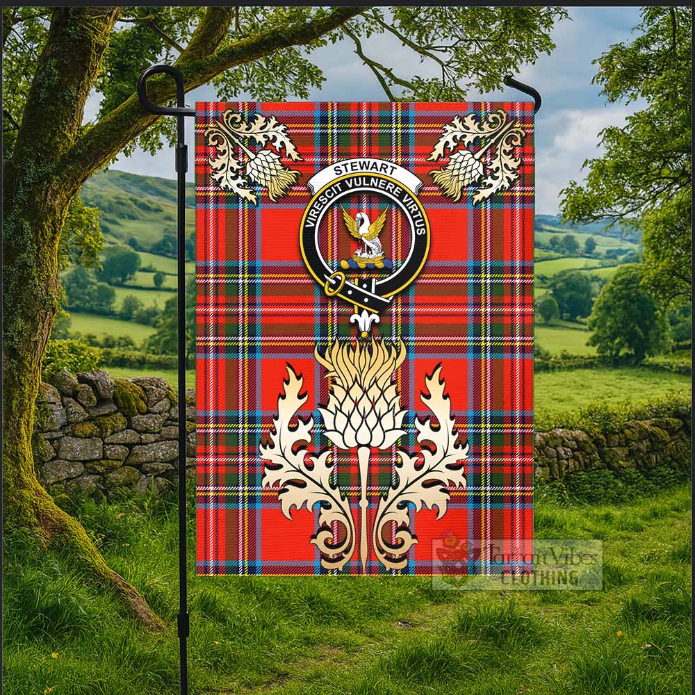 Stewart (Stuart) Tartan Garden Flag with Golden Regal Scottish Thistle Emblem - Tartan Vibes Clothing