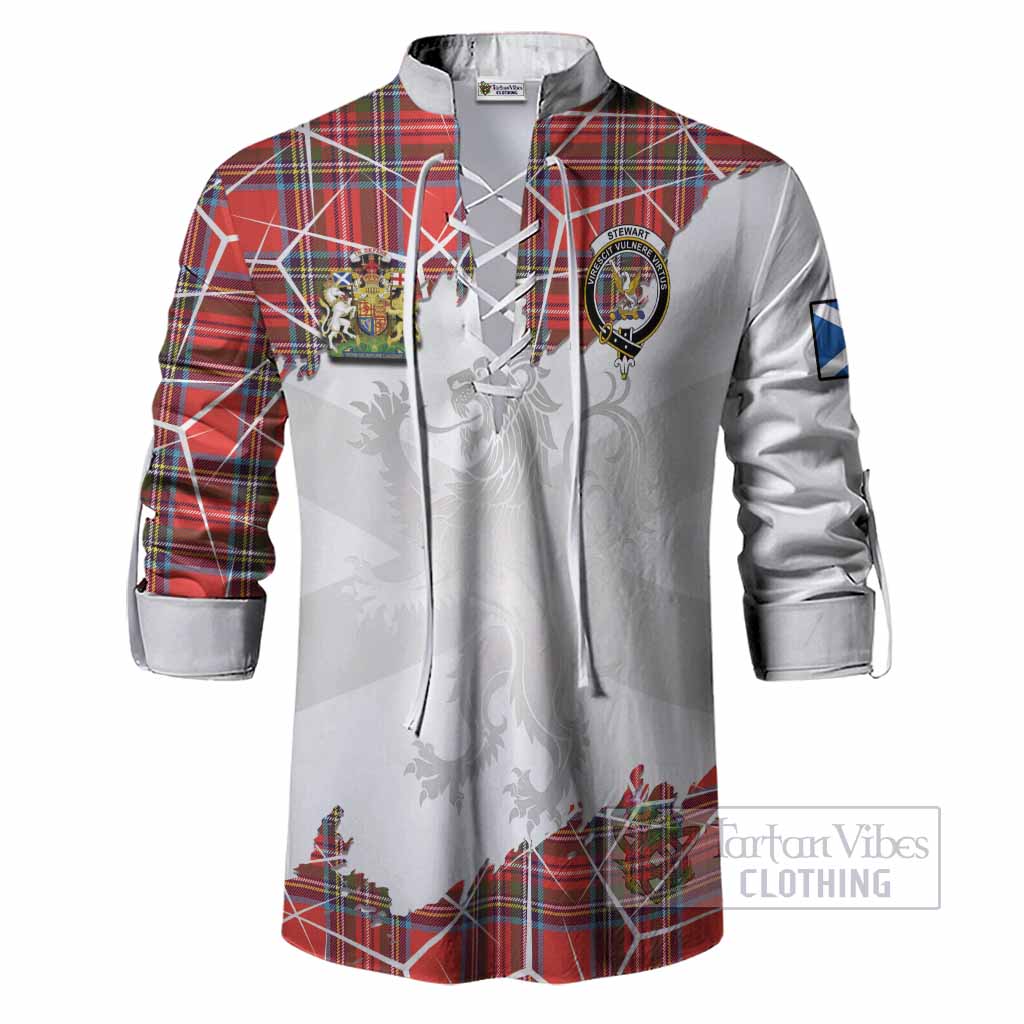 Stewart (Stuart) Tartan Ghillie Shirt with Family Crest and Lion Rampant Grunge Style