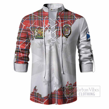 Stewart (Stuart) Tartan Ghillie Shirt with Family Crest and Lion Rampant Grunge Style