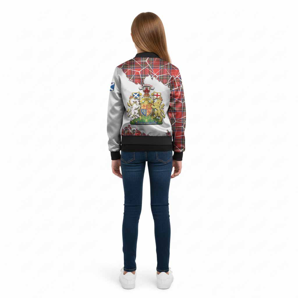 Stewart (Stuart) Tartan Kid Bomber Jacket with Family Crest and Lion Rampant Grunge Style