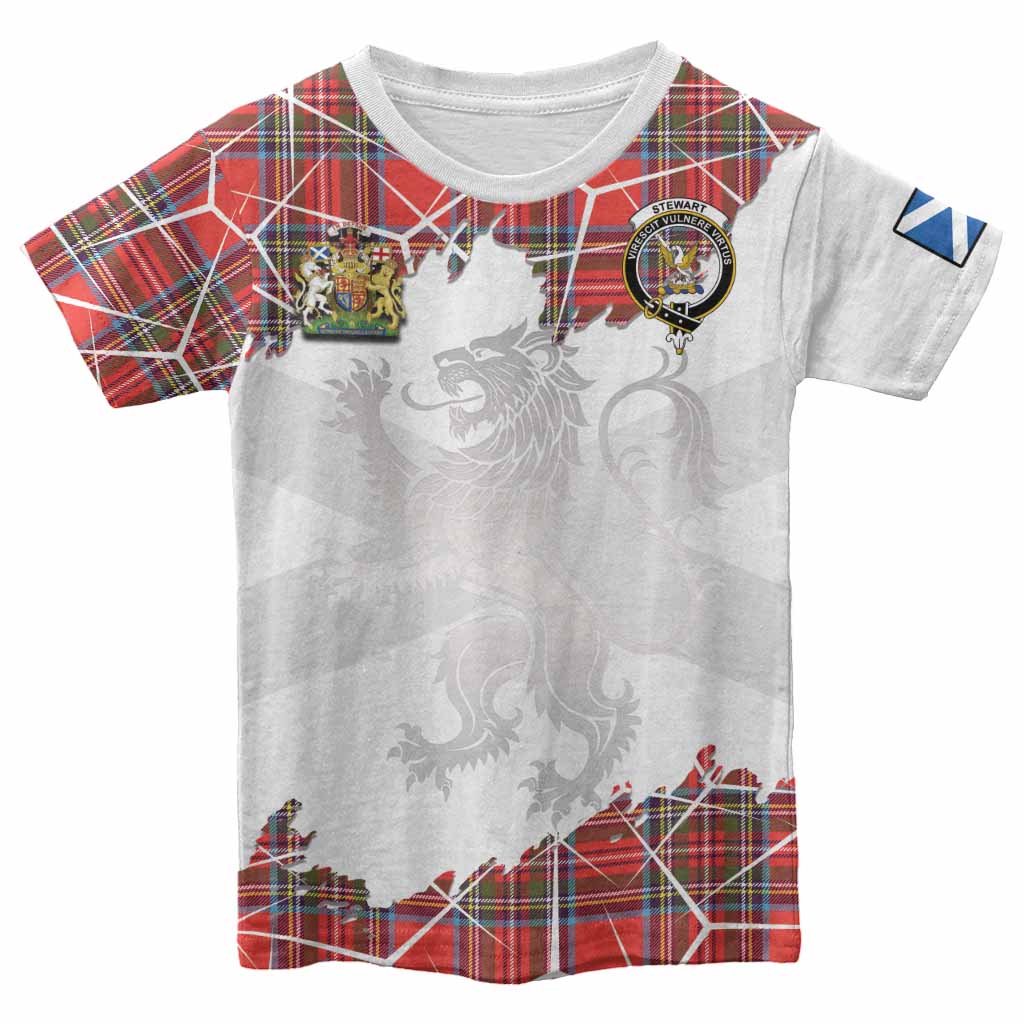 Stewart (Stuart) Tartan Kid T-shirt with Family Crest and Lion Rampant Grunge Style