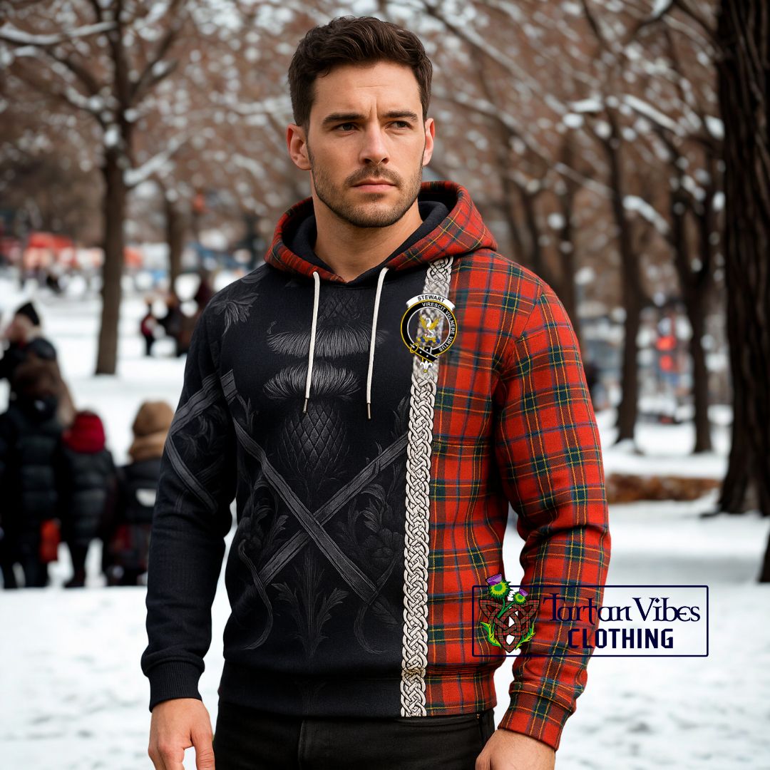 Stewart (Stuart) Tartan Knitted Hoodie with Family Crest Cross Sword Thistle Celtic Vibes