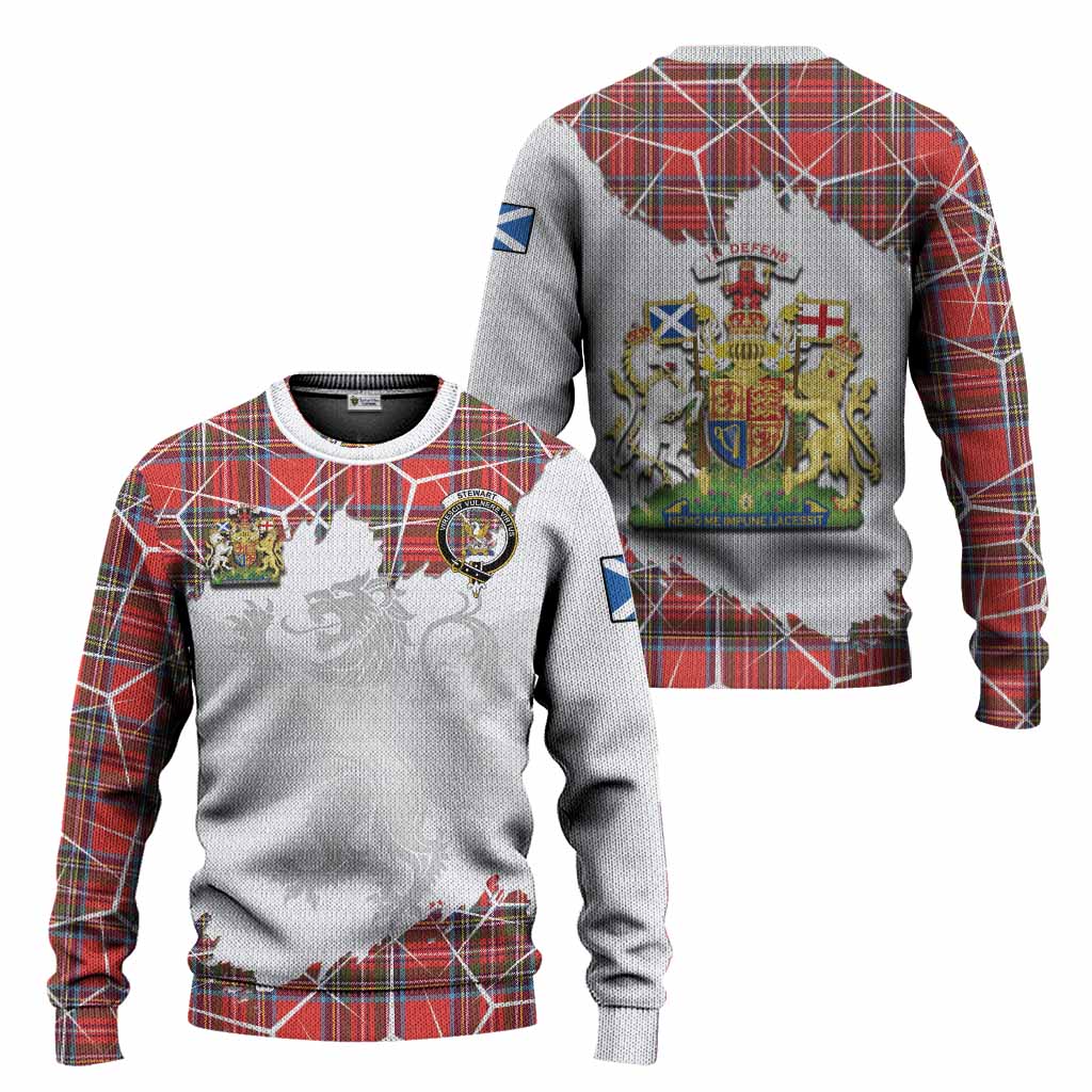 Stewart (Stuart) Tartan Knitted Sweater with Family Crest and Lion Rampant Grunge Style