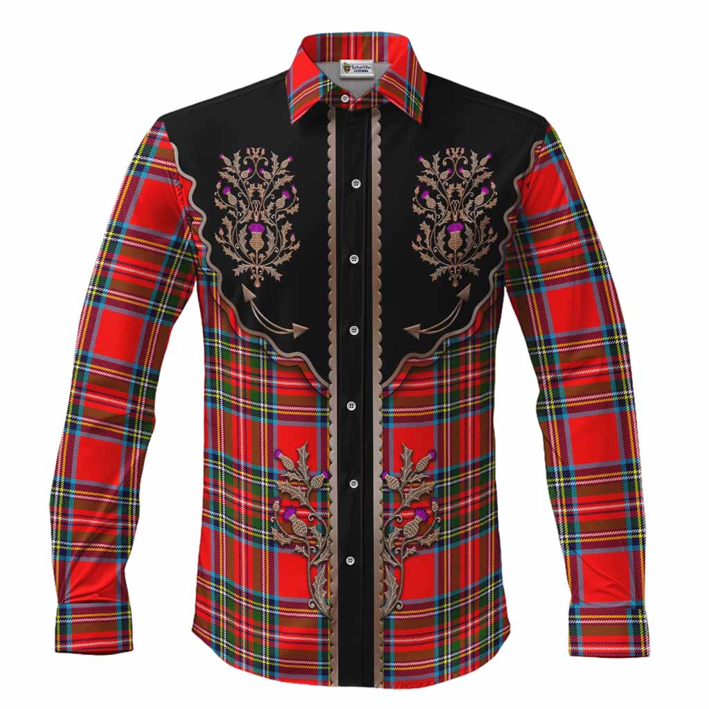 Stewart (Stuart) Tartan Long Sleeve Button Shirts Thistle Ornament Western Yoke