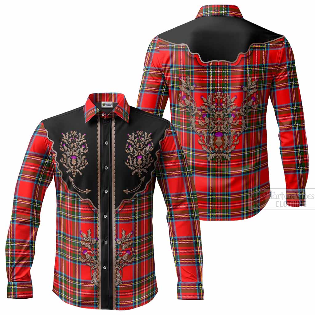 Stewart (Stuart) Tartan Long Sleeve Button Shirts Thistle Ornament Western Yoke