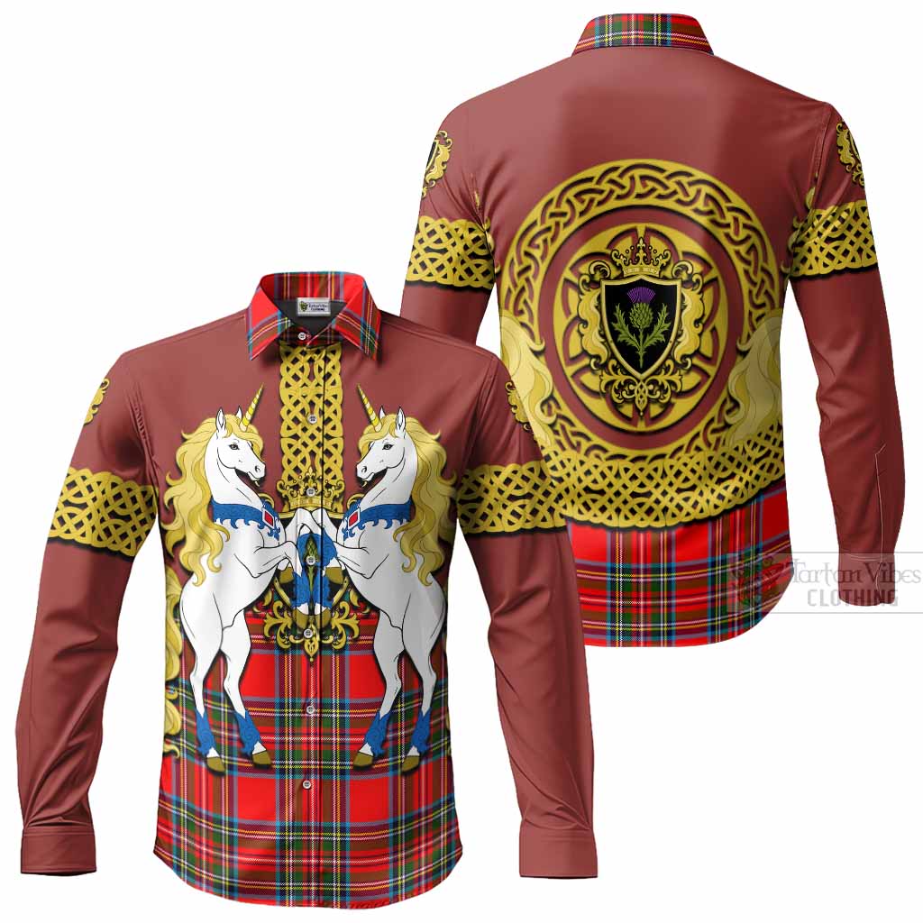 Stewart (Stuart) Tartan Long Sleeve Button Shirts Unicorn Celtic Knot And Thistle Emblem