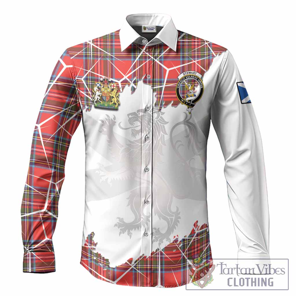 Stewart (Stuart) Tartan Long Sleeve Button Shirts with Family Crest and Lion Rampant Grunge Style
