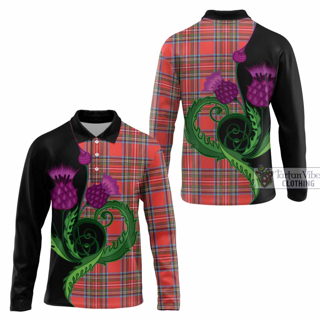 Stewart (Stuart) Tartan Long Sleeve Polo Shirt Traditional Scottish Thistle